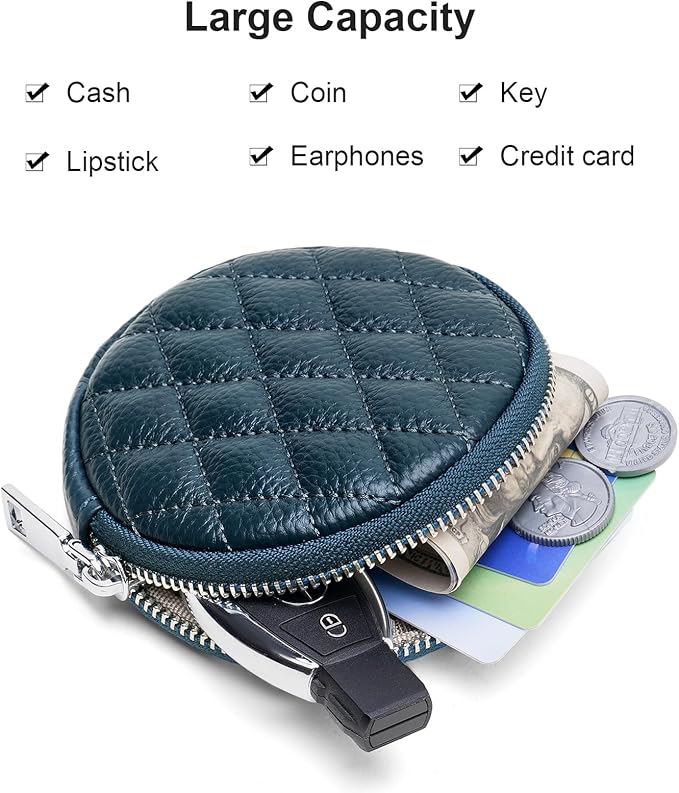 SENDEFN Leather Round Coin Purse for Women with Keychain Small Change Wallet Zipper Coin Pouch