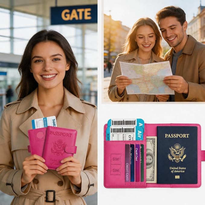 Passport Holder with RFID Blocking Leather Travel Wallet | Multiple Card Compartments, SIM Card Access, Compact Carry Design, Flight Ready Essentials for Men & Women, Fuchsia