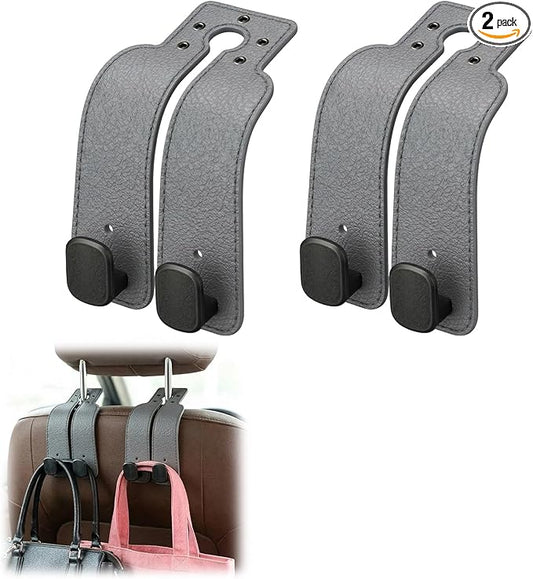 2Pcs Headrest Hooks for Car, Car Purse Hook, Double Leather Car Seat Back Storage Hook for Handbags Purses Bags (Grey)