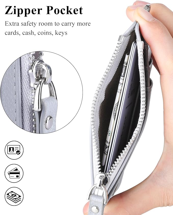 Teskyer Slim Card Holder Wallet with Zip Pocket, RFID Blocking, Total 9 Compartments Large Capacity, 3.5" x 4.7" (Slight Larger Than Usual), Faux Leather - Grey