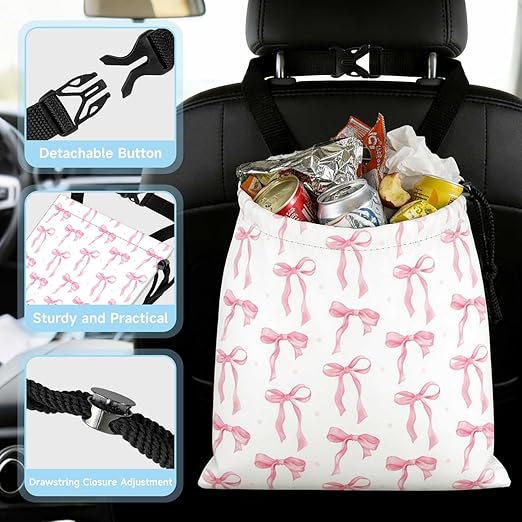 Pink Bow Car Trash Bag - Waterproof Car Trash Bag Hanging Leakproof Car Garbage Bag - Washable Reusable Trash Bag for Car Interior Hanging Organizer Storage Vehicle Travelling Camping