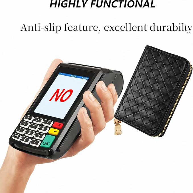 Ladies change card bag, zip storage bank card case, small portable 11 large capacity pouch, holds banknote change credit card(Braided pattern in black)