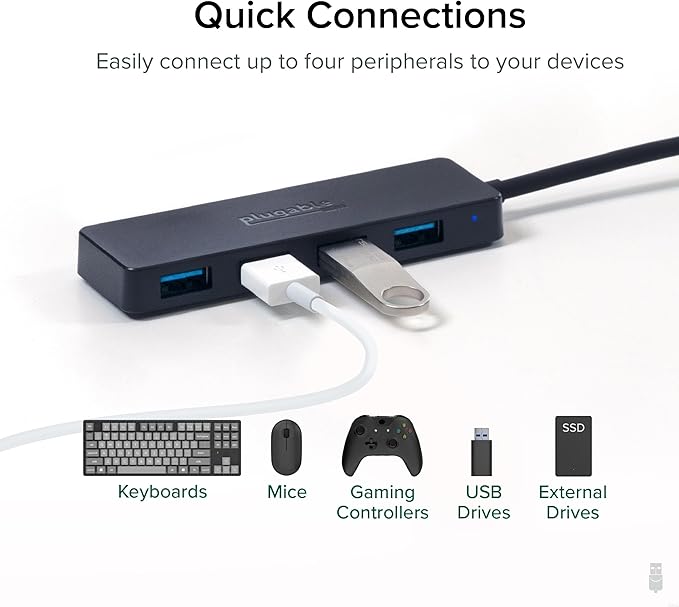 Plugable 4 Port USB Hub 3.0, USB Splitter for Laptop, Compatible with Windows, Surface Pro, PC, Chromebook, Linux, Android, Charging Not Supported