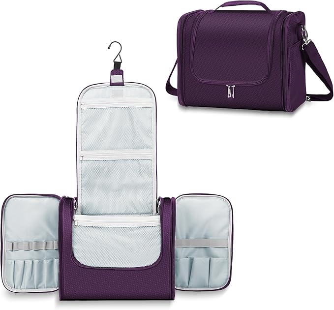 Buruis Extra Large Toiletry Bag for Women and Men, Hanging Travel Bag with Detachable Shoulder Strap for Full-Sized Toiletries, Water-Resistant Dopp Kit for Family Use and Long Trips, Purple