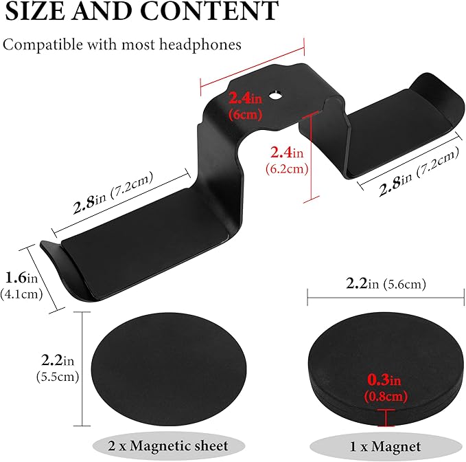 GEEKRIA Dual Magnetic Headphone Holder, Aluminum Headset Hook with Strong Magnet, Desk Mount Headphone Hanger, Non-Slip Rubber Pad, Holds 2 Headphones, Gaming & Office (Black)