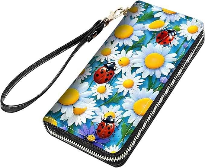 Ladybug on Daisy Flower Print Women Large Capacity PU Leather Zip Around Wallet, Multifunctional Clutch Purse for Cash/Card/Coin/Smart Phone