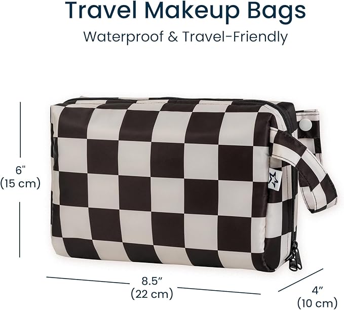 Tiny Twinkle Waterproof Travel Toiletry & Makeup Bag Organizer | Makeup Pouch with Multiple Compartments & Snap Handle for Travel | Gift for Teen Girls and Women（Black Checkers