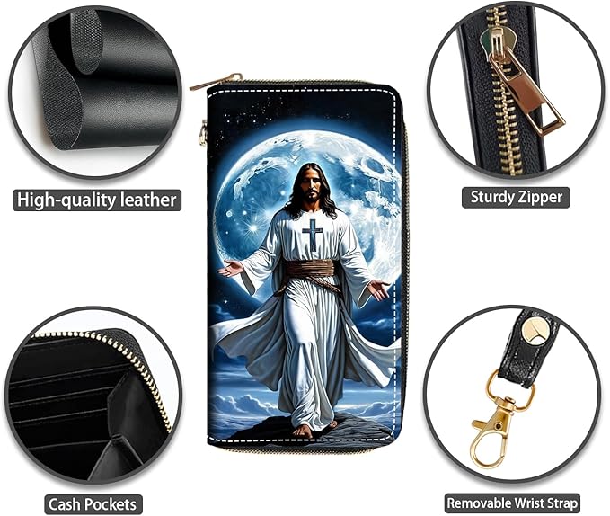 Christian God Jesus Print Women Large Capacity PU Leather Zip Around Wallet, Multifunctional Clutch Purse for Cash/Card/Coin/Smart Phone