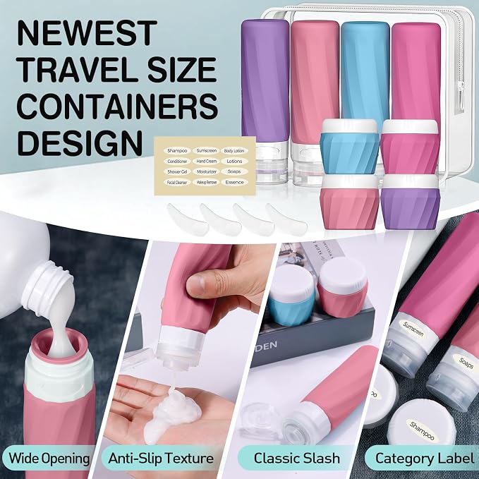 Silevoler 14pack Travel Bottles for Toiletries, TSA Approved Travel Size Toiletries Containers Set, Premium Silicone Leak Proof Refillable Bottles & Creams Jars Accessories Kit W/Clear Bag (Vibrant)