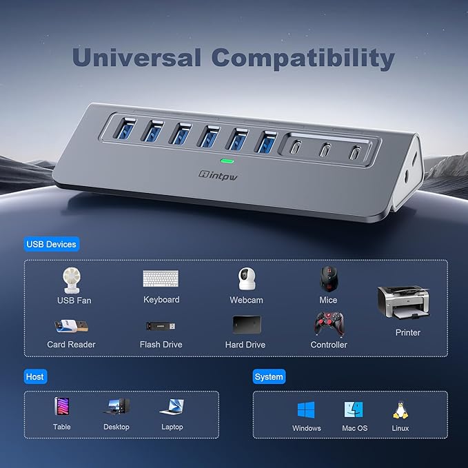 Powered USB Hub 10Gbps, intpw YH6AC 9-Port USB Splitter with USB A/USB C 3.2, 4 USB 3.0, 2 PD 45W Charging Ports, 65W Power Adapter + 3.3FT Cable, Aluminum USB Extender Hub for Laptop, PC,iPhone 17/16