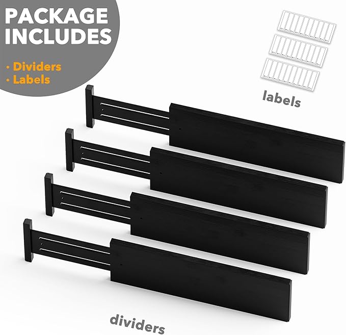 SpaceAid Bamboo 4 Pack Dresser Drawer Dividers, 4.65??High Adjustable 17??22??Drawer Organizers, Expandable Organization for Clothing, Clothes, Dressers, Black
