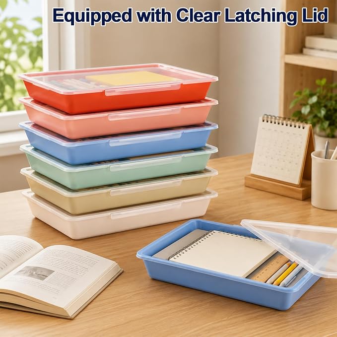 12 Pack Flat Storage Paper Tray with Clear Latching Lid Letter Size Organizer Bin Tray Plastic Latching File Organizer for Classroom Library School Office Teacher Desktop Book Organization (Morandi)