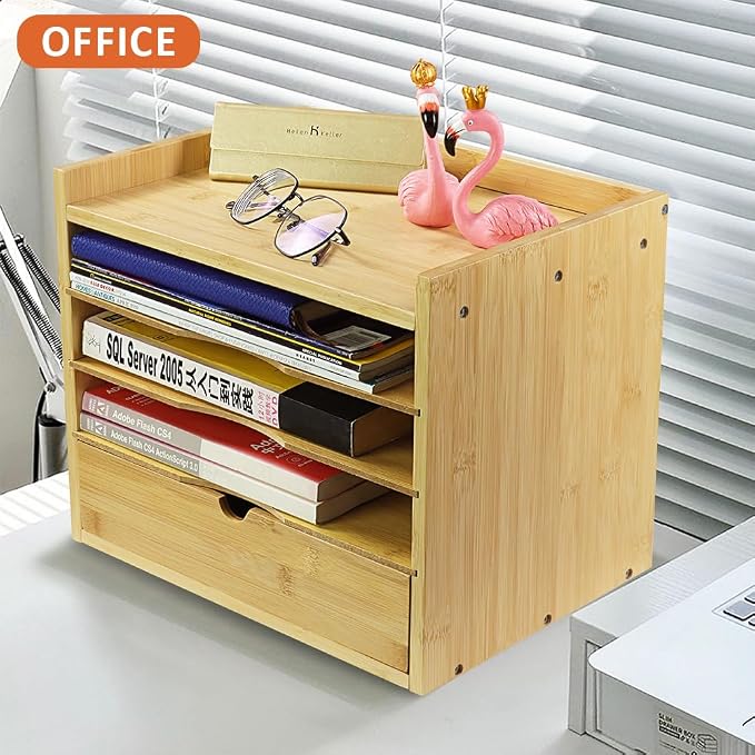 KKTONER 5-Tier Bamboo Desk Organizer with Drawer Tabletop File Organizer Document Holder with Shelf Desktop Cabinet for Home Office School Supplies (Natural)