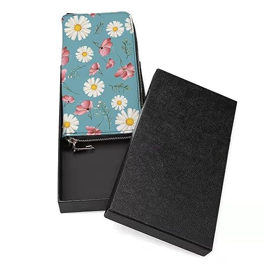 Unisex Zip Around Wallet for Adults Teens White Daisy Pink Flower Blue Background Coin Pouch Cash Pocket PU Leather Wallets Card Holder Organizer Designer Purse with Wristlet Strap