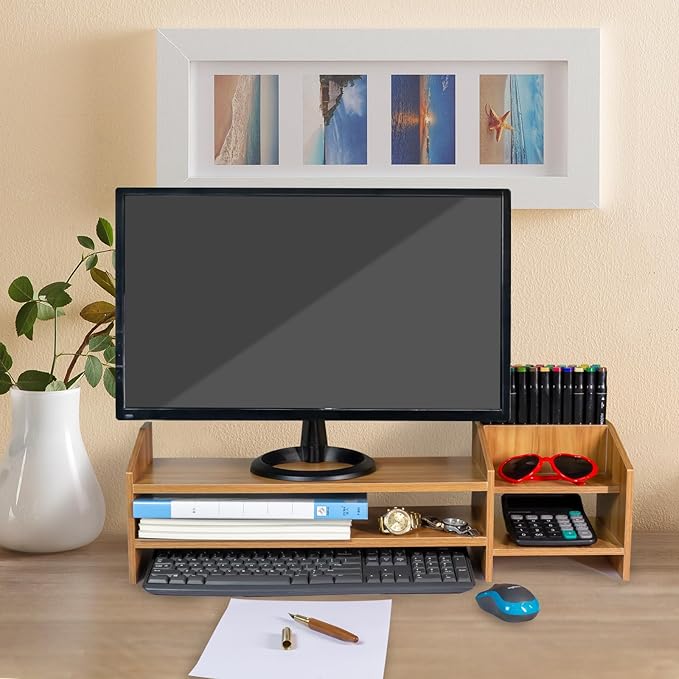 Catekro Monitor Stand Riser, 2 Tiers Wood Monitor Riser Stand with Storage Organizer, Multi-Purpose Desktop Organizer Riser for Computer,Laptop,Printer(Brown)
