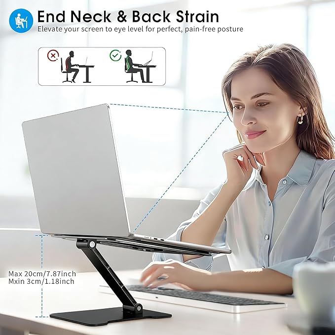 Foldable Aluminum Laptop Stand, Height Adjustable Ergonomic Riser for Collaborative Work,Tablet, Reading and More. Portable Laptop Stand for All 10-16" (Black)