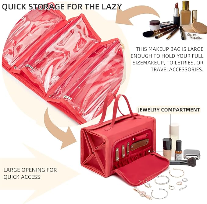 ROYALFAIR Roll Up Makeup Bag, Travel Toiletry Bag for Women with 4 Clear TSA Approved Pouches, Hanging Travel Organizer, Folding Cosmetic Bag for Men and Women (Red)