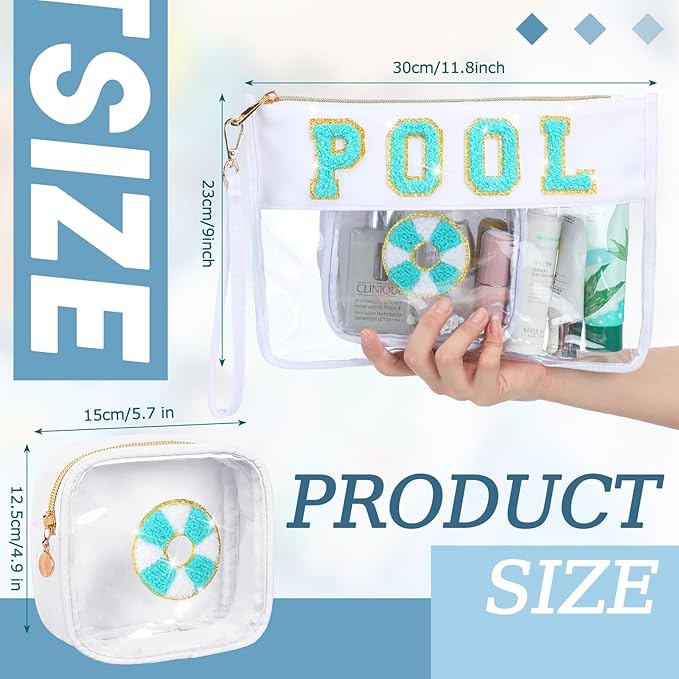Hillban 2 Pcs Pool Bag Makeup Cosmetic Bag Clear Sunscreen Toiletry Zipper Pouch Beach Travel Summer Stuff Preppy Chenille Letter Patch Pouch PVC Waterproof Organizer Storage Mini Purse for Women