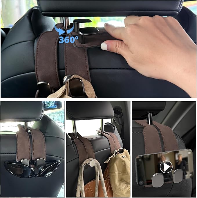 Travel Depot Headrest Hooks for Car, Purse Hook for Car, Premium Leather Twin Hook Car Seat Hooks, Double Hook Seat Back Storage Organizer for Purses, Bags, SUV, Truck, Vehicle, 2 Pack, Brown