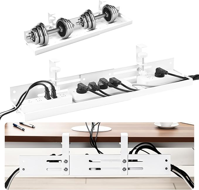 No Drill Under Desk Cable Management Tray, 17”-30” Retractable Cord Organizer for Table, Clamp Mount Wire Basket, Power Strip Holder & Metal Cord Organizer for Office, Home, White
