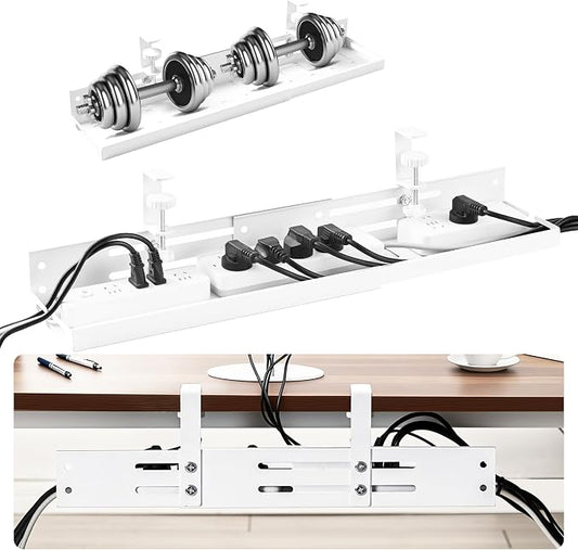 No Drill Under Desk Cable Management Tray, 17”-30” Retractable Cord Organizer for Table, Clamp Mount Wire Basket, Power Strip Holder & Metal Cord Organizer for Office, Home, White