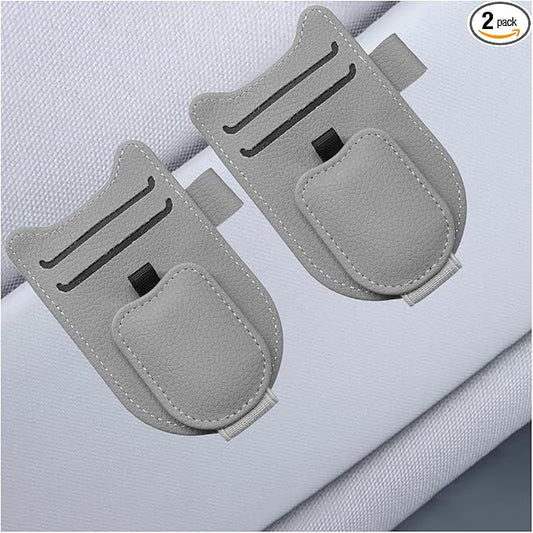 2PCS Sunglass Holder for Car Sun Visor, Magnetic Leather Vehicle Glasses Eyeglass Mount & Ticket Card Clip, Automotive Interior Visor Accessories, Universal for Sedan SUV Truck (Grey)