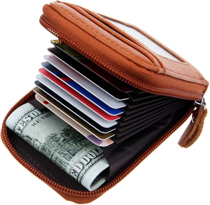 DKER Genuine Leather Mini Credit Card Case Organizer Compact Wallet with ID Window - Brown