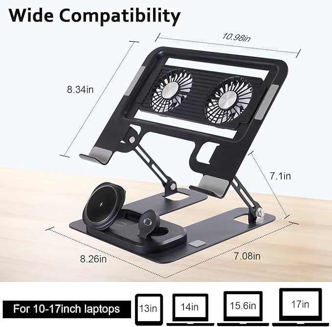 Laptop Stand with 3 in 1 Wireless Charging Station,Laptop Phone Stand with 2 Removable Silent Fans,Adjustable Height and Angle,Sturdy and Portable,Laptop Cooling Pad for 10-15.6 Inch Laptop.