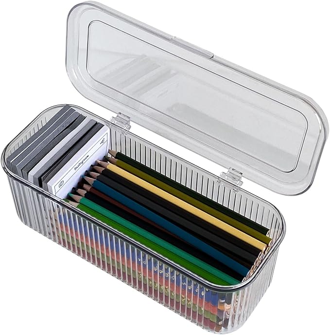 Clear Pen Organizer with Lid, Plastic Desk Drawer Accessories Storage Box for Home Office and School Classroom Organization, Art and Crafts Case for Marker, Pencils, Stationery