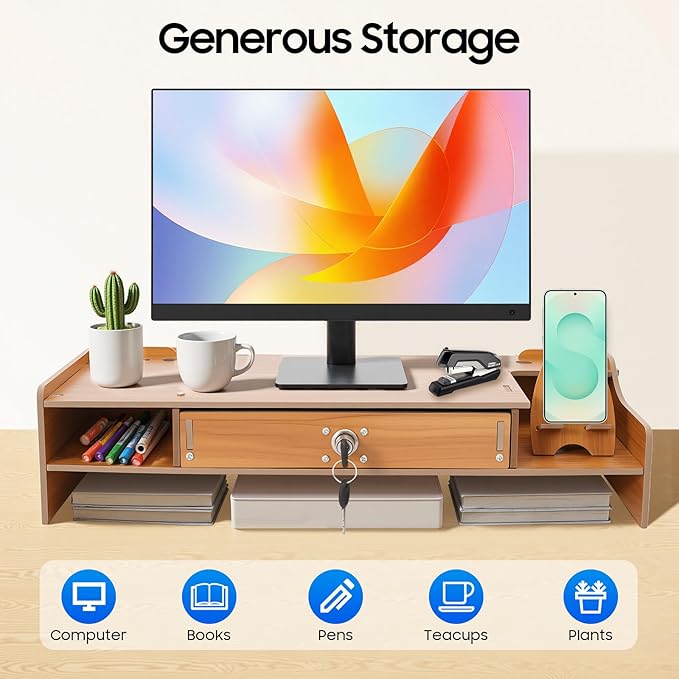 Monitor Stand Wooden Desktop Organizer with Lockable Drawers & Keys & Phone Holder Vintage Multi Compartment Desk Shelf for Home,Office (Z0802)