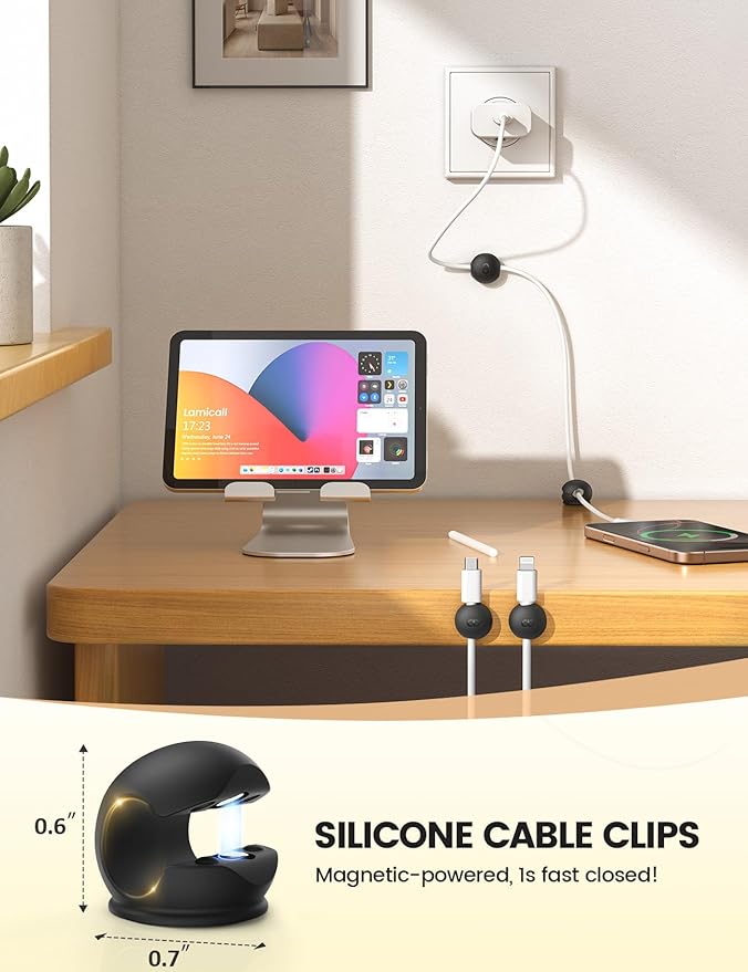Lamicall 8Pack Magnetic Cord Organizer Clips - [Mini-Soft Silicone] Cable Management for Phone Charger Cord, Durable Adhesive Cable Holder for Desk Nightstand, Home Office Organizer Gadget Accessories