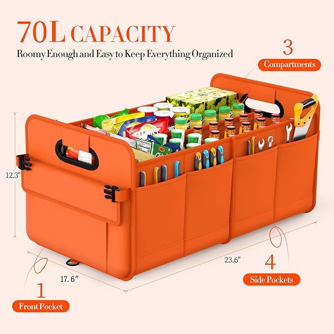 titiyiof Trunk Organizer For Suv & Sedan,Car Organizers and Storage, Waterproof Collapsible & Adjustable Straps,70L Sturdy Car Organization for Car Accessories, Tools,Sundries,2-3Compartment（Orange
