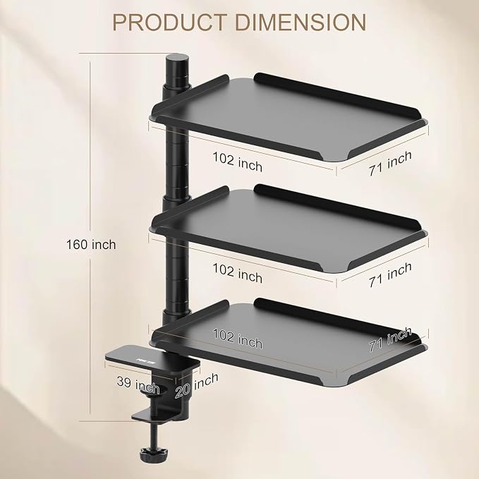3 Tier Metal Clamp On Desk Shelf - 360° Rotatable Above/Under Table Storage, Adjustable Desktop Organizer for Home Office & Gaming, Storage Tray for Devices & Accessories