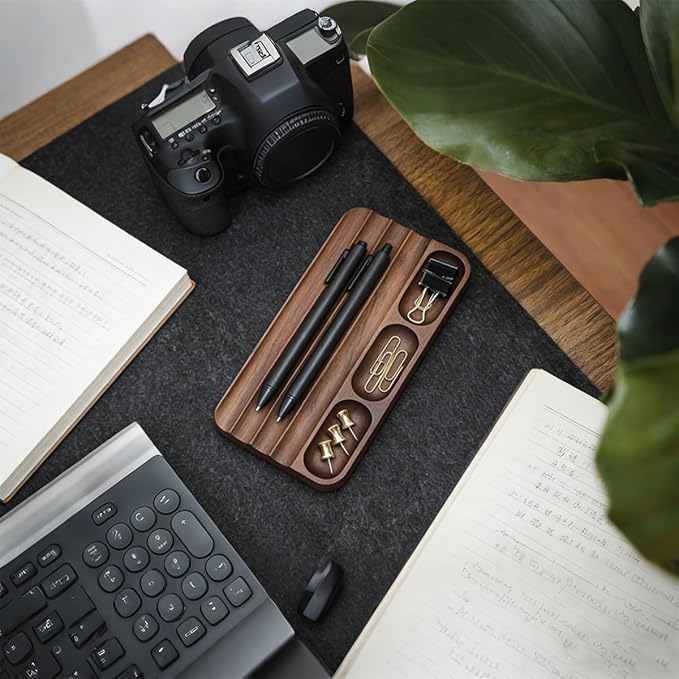 Horizontal Pen Holder,Acacia Wood Pen Tray,Desktop Pen Display,Walnut Desk Tray,Paperclip Headphones Eraser Office Stationery Storage,Brown