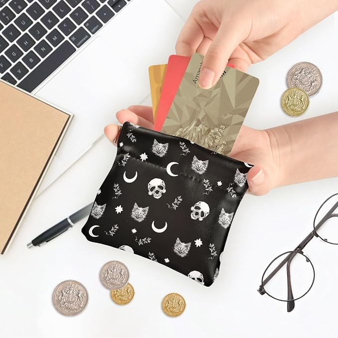 Gothic Moon Skull Cat Women's Waterproof PU Leather Coin Purse, Slim Travel Wallet with Zipper - Compact Card Holder & Jewelry Organizer for Cash, Keys, Lipstick