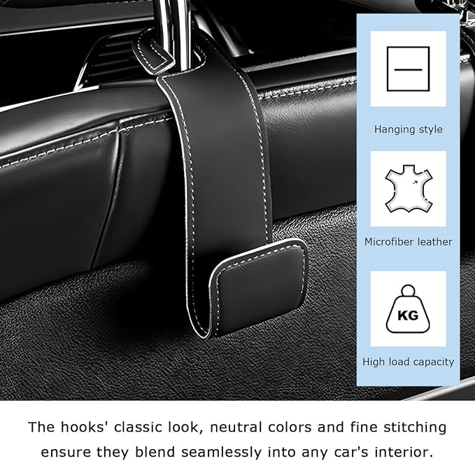 Car Seat Headrest Hook, Microfiber Leather Hanger Holder Hook for Hanging Purse and Bag, Universal Vehicle Back Seat Organizer Hook for Grocery Bag Handbag Coat (Black)