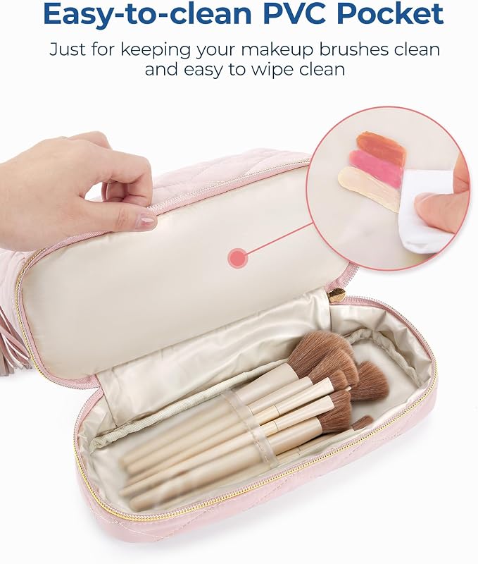 BAGSMART Makeup Bag Travel Cosmetic Bag,Puffy Make Up Bags for Women Double Layer Makeup Organizer Case,Wide-open Pouch Purse Storage Travel Essentials Toiletries Accessories Brushes,Pink