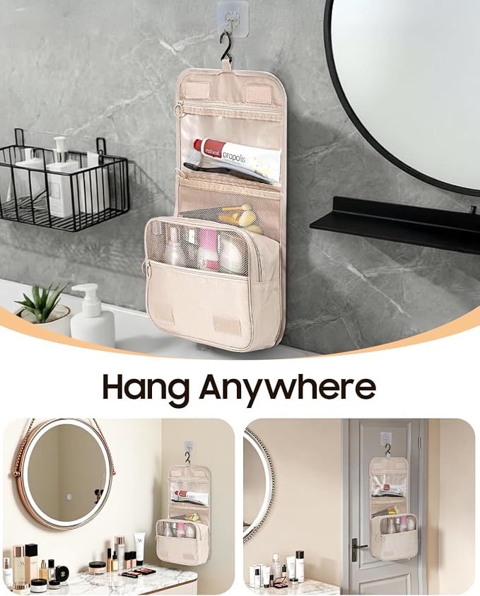 FINPAC Toiletry Bag, Large Capacity Hanging Makeup Bag with Waterproof PVC Compartment, Travel Cosmetic Organizer for Women, Makeup Lovers, Cruise, Gym, and Family Trips, Beige