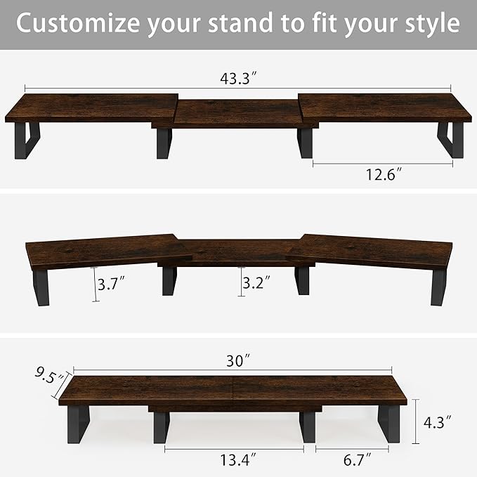 Aothia Large Dual Monitor Stand - Computer Monitor Stand, Desk Shelf For Monitor,Wood Monitor Stand With Adjustable Length And Angle,Desktop Organizer,Large Monitor Stand For Pc,Laptop(Vintage)