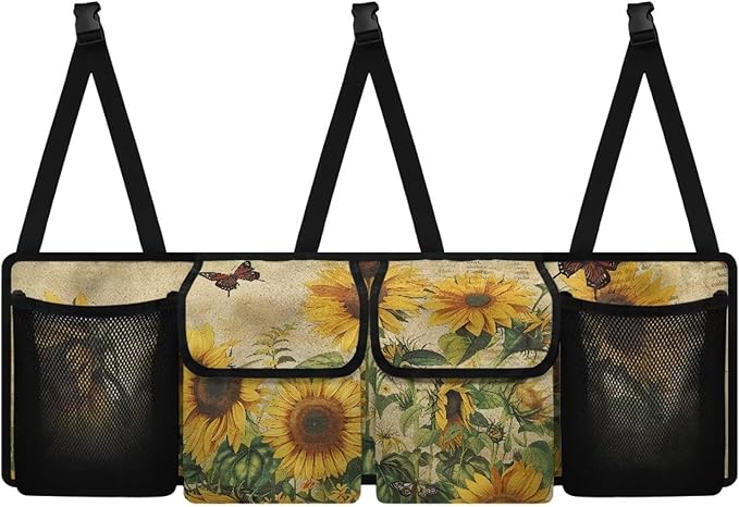 Yellow Sunflower Car Trunk Organizer, Backseat Hanging Large Storage with 4 Pockets & 3 Adjustable Straps Waterproof Cargo Bag Provides More Space for Groceries