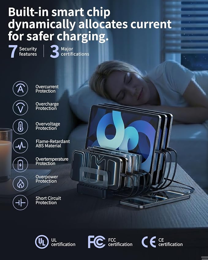 288W Charging Station for Multiple Devices, 8-Port Multi USB C Fast Charger Station Dock with Adjustable Dividers & 7 Cables,Multi-Purpose Desktop and Wall Fast Charger for iPhone, iPad,Tablets & More