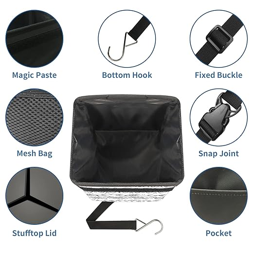 Car Trash Can Black White Geometric Print Auto Garbage Bag Car Trash Can with Lid Leak-Proof Car Storage Bag Garbage Bag Hanging for Headrest Collapsible and Portable with Storage Mesh Pocket
