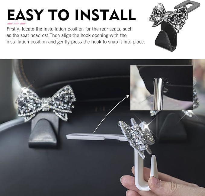 2 PCS Bling Bow Car Headrest Hook, Diamond Sparkling Invisible Seat Headrest Hooks, Vehicle Storage Organizer with Butterfly Bow Vent Clip for Purses, Bags, Groceries (Black)