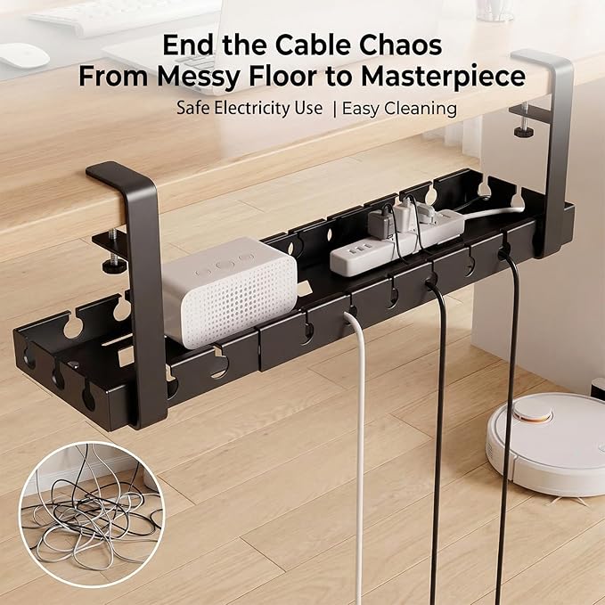 Under Desk Cable Management Tray, Adjustable 15.7"-29.1" Cable Management Tray, No-Drill Metal Cable Storage & Organizer for Home Office, Black