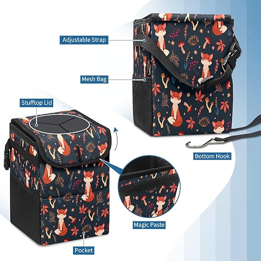 Car Trash Can Cute Red Foxes Forest Mushrooms Wate-rproof Auto Garbage Bag Car Trash Can with Lid Leak-Proof Car Storage Bag Hanging for Headrest Collapsible and Portable with Storage Mesh Pocket