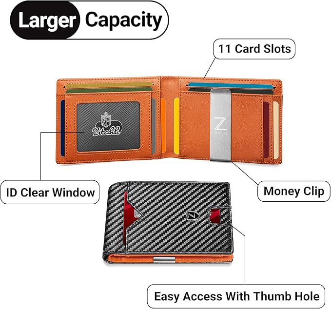 Zitahli Slim Wallet for Men with Money Clip, Minimalist Front Pocket RFID Blocking Leather Wallets Bifold Credit Card Holder, 11 Card Slots and ID Window with Gift Box