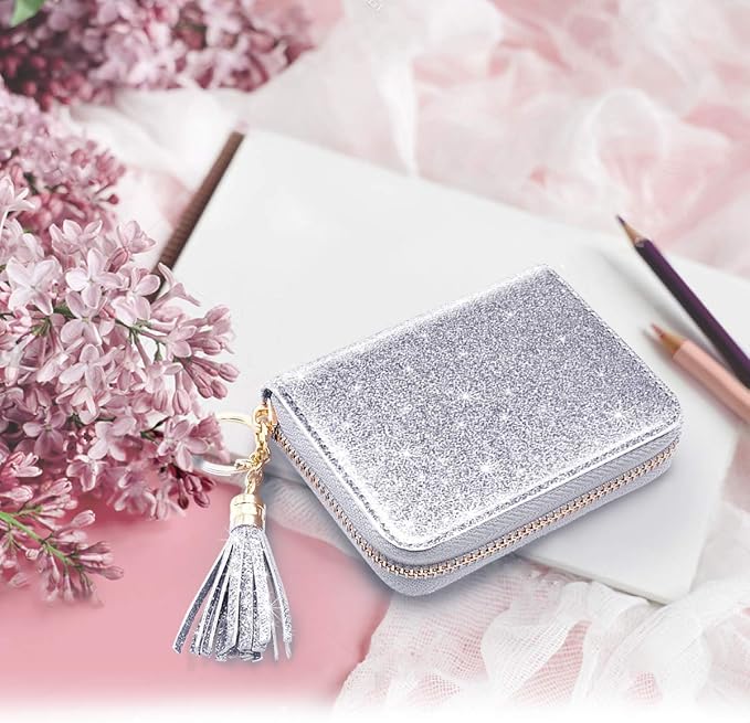 Coco Rossi Women's Small Credit Card Wallet RFID Glitter Cute Credit Card Holder Wallets for Women -Silver