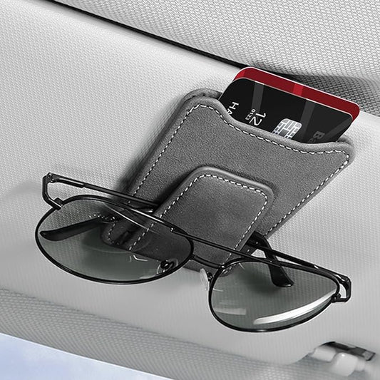 Car Sunglasses Holder - Visor Clip Style & Magnetic Plush Leather Construction Doubles as Credit Card & Fuel Card Box with Storage Pocket &Holds Sunglasses