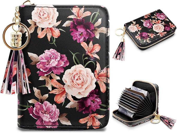 Coco Rossi Women's Flower Credit Card Wallet ID Card Case Floral Cute Accordion Card Holder for Women with Keychan, Black Flower