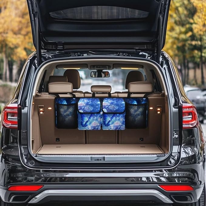 Blue Butterfly Roses Car Backseat Hanging Trunk Organizer for SUV Car Storage Bag with 4 Pockets Multipurpose Adjustable Car Organizer Bag Auto Interior Accessories